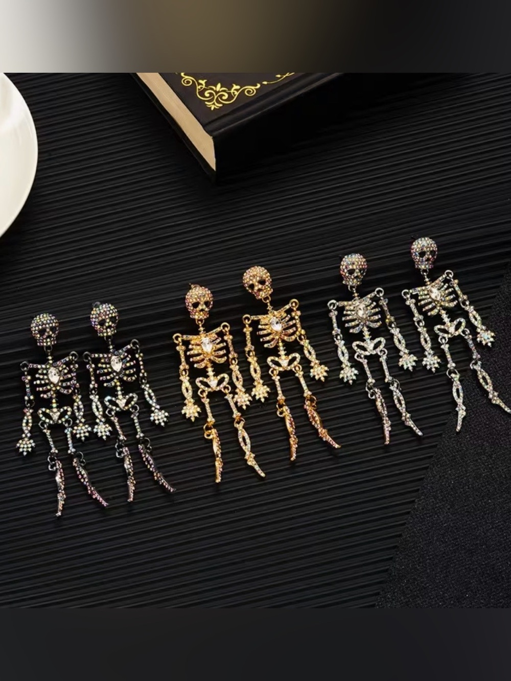 NWT Gold-Tone Crystal Skeleton Drop Earrings, Halloween Earrings - Picture 3 of 5